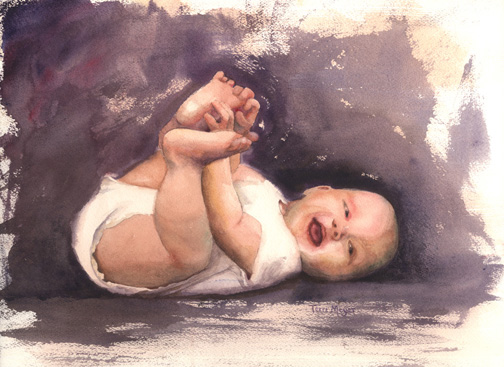 A portrait of a baby laughing playing with its toes
