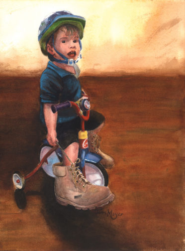 A portrait of a little Boy wearing Moma's Shoes