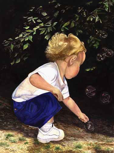 Portrait of a young child reaching for bubbles