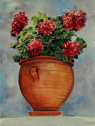 A watercolor painting of geraniums by Terri Meyer