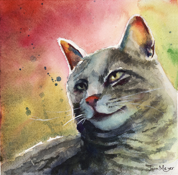Grey Tabby Cat Watercolor Painting by Terri Meyer