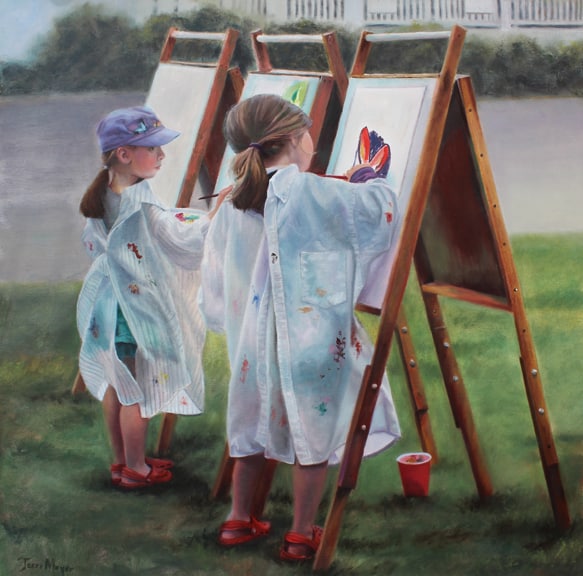 A painting of two little girls painting at easels with oversized shirts