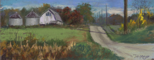 A plein Air painting of a farm along the road by Terri Meyer