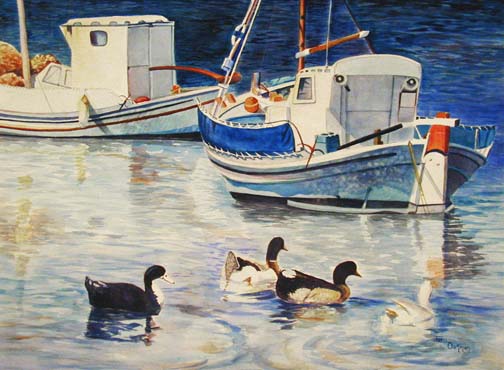 A watercolor painting of a Greek Fishing Boat