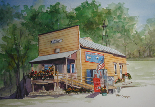 A watercolor painting of McKay General Store by Terri Meyer