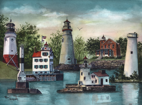 A watercolor painting of the Guiding Lights of Ohio