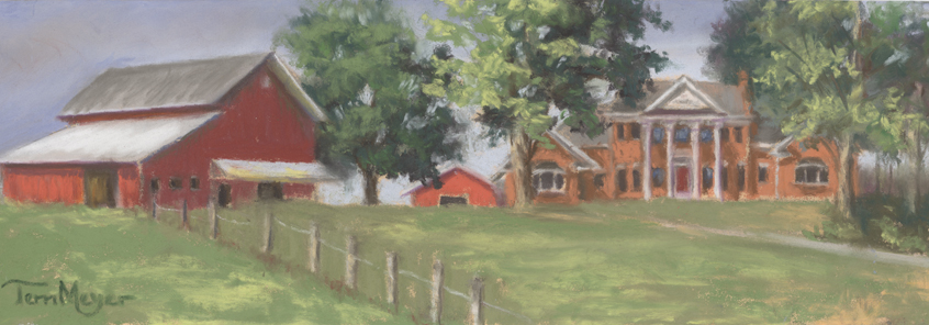 A plein Air Pastel Painting by Terri Meyer of a country estate home