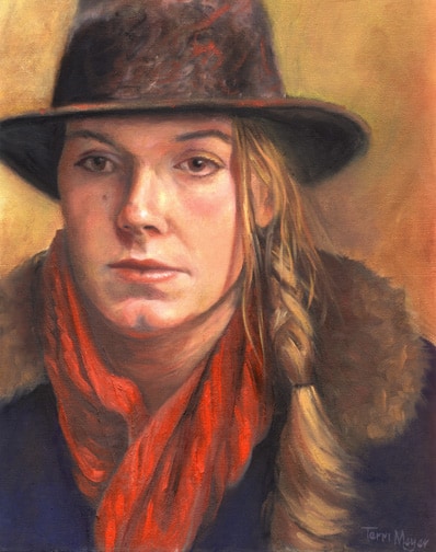 Oil Portrait of a young woman in a red scarf by Terri Meyer