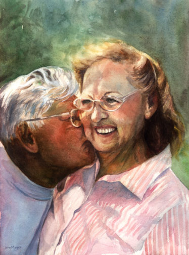 A watercolor portrait of a man kissing a woman