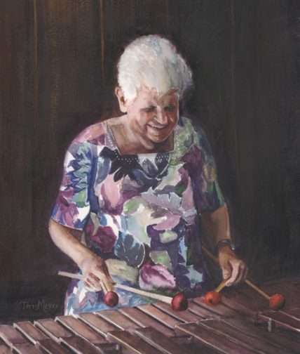 Watercolor portrait of Lady playing the marimba