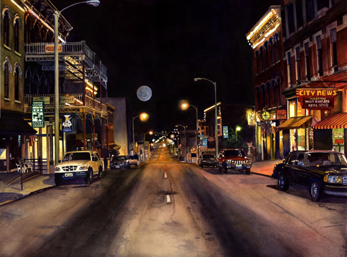 Watercolor painting of downtown Mansfield, Ohio at night by Terri Meyer