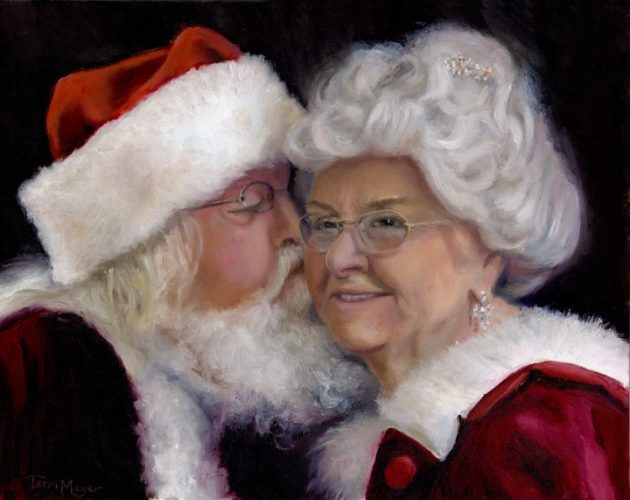 Oil Portrait of Santa kissing Mrs Santa by Terri Meyer