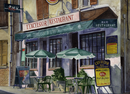 Watercolor Painting of a paris cafe by Terri Meyer