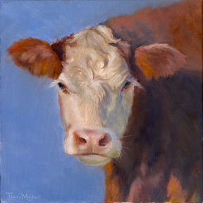 Portrait of a brown and white hereford cow
