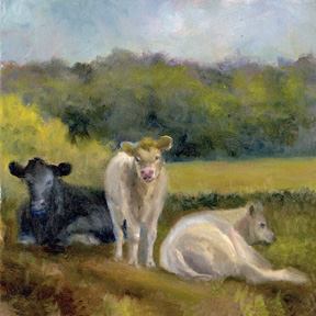 A cow painting depicting 3 cows lounging on a hill on a hot summer day