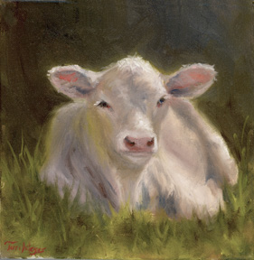 A painiting of a calf soaking in the sun by Terri Meyer