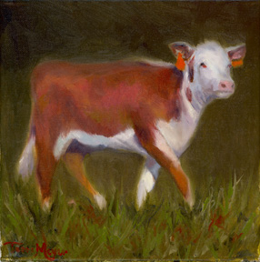 Painting of a hereford calf with orange ear tags by Terri Meyer