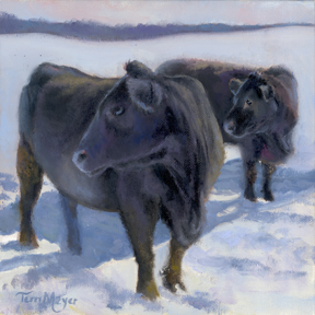 Angus Cows in Winter Scene Painting by Terri Meyer