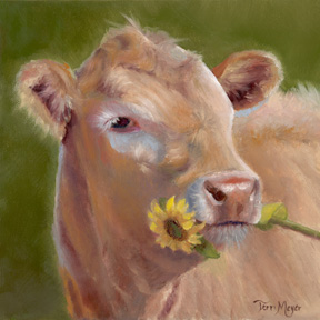 Beige Cow Holding a Sunflower