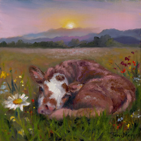 Painting of Calf Sleeping in field of wild flowers