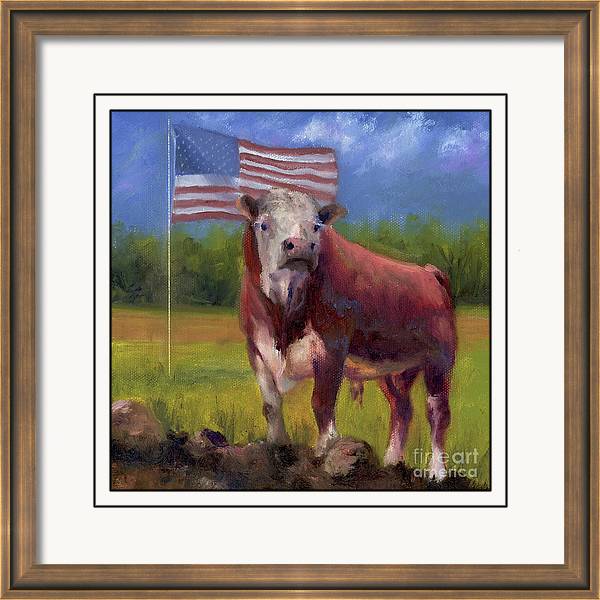 Framed Print of American Proud , A Bull in front of the US Flag by Terri Meyer