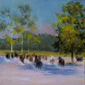 A painting of Cattle Running Through a Shallow Pond