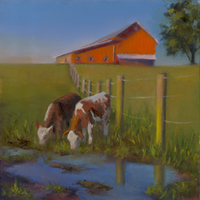 Cows in front of Red Barn Painting