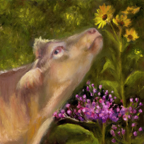 A painting of a cow and flower