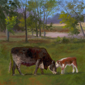 A painting of a calf and cow by Terri Meyer
