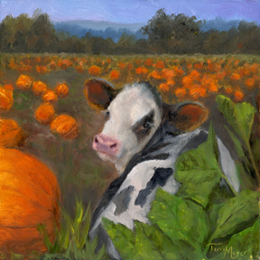 An Oil painting of a cow laying in a pumpkin patch by Terri Meyer