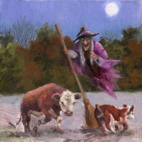 A painting of cows and a witch by Terri Meyer