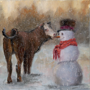 An oil painting of a cow biting a snowman's carrot nose