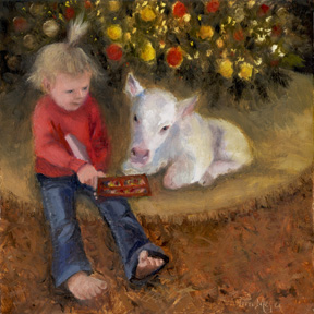 An oil painting of a little girl reading to a calf under a Christmas Tree by Terri Meyer