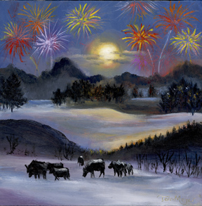 An oil painting of a winter scene with fireworks and cattle in the pasture by Terri Meyer